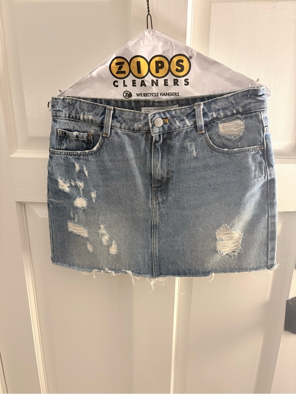 Zara Light Blue Distressed Denim Mini Skirt
